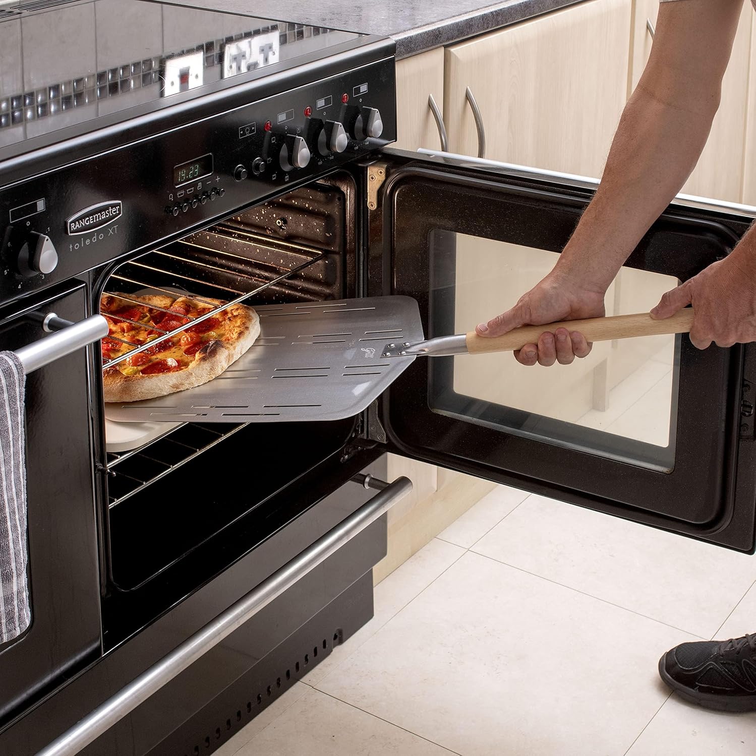 Hans Grill Pizza Stone PRO XL Baking Stone For Pizzas use in Oven, Grill or BBQ FREE Long Handled Anodised Aluminium Pizza Peel | Rectangular Stone 15 x 12" Inches | For Pies, Pastry, Bread, Calzone