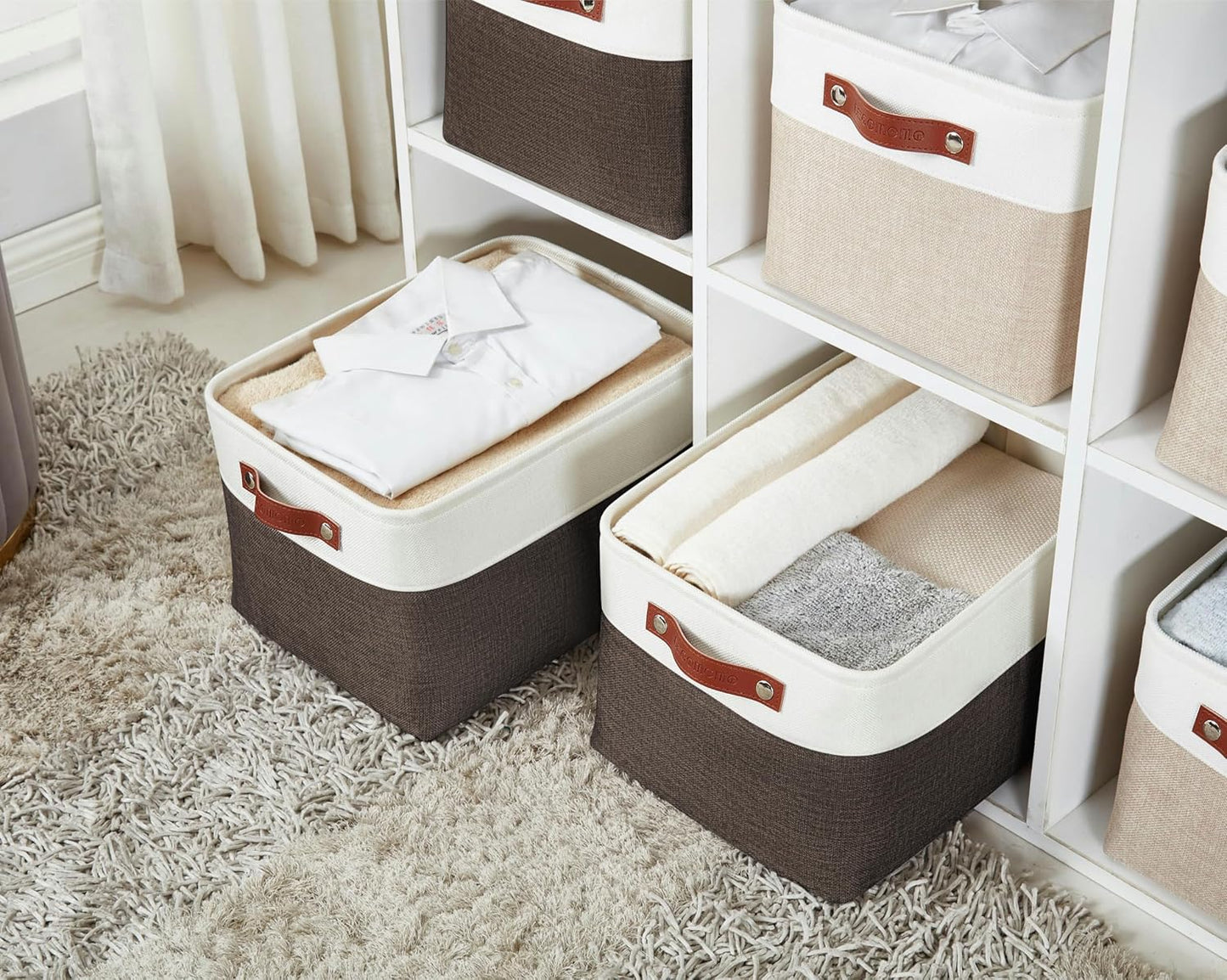 DECOMOMO Storage Baskets for Shelves - Fabric Storage Bins, Linen Closet Organizers and Storage (Brown & White, Large - 3 Pack)