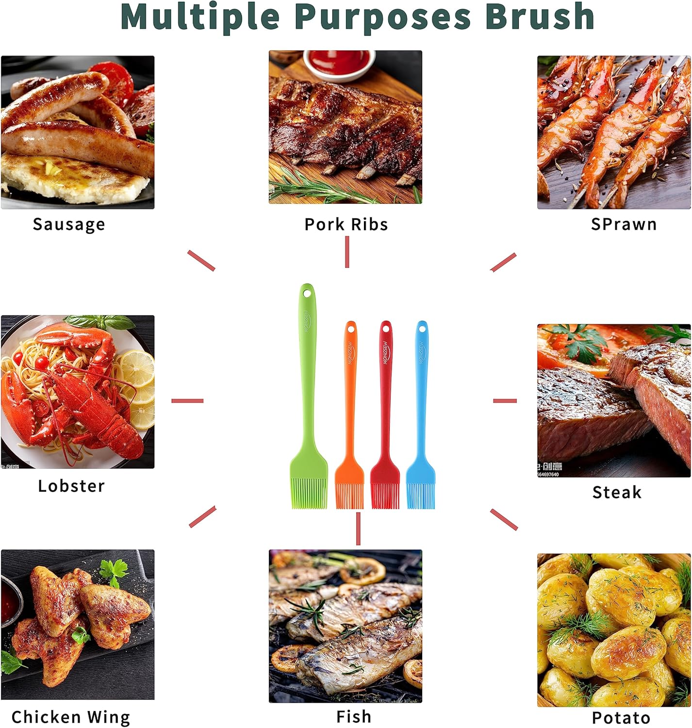 4PCS Silicone Basting Pastry Brush, MONGSEW Heat Resistant Food Brush Spread Oil Butter Sauce for BBQ Grill Baking Kitchen Cooking, BPA Free, Dishwasher Safe (Multicolor, 4 Pcs)