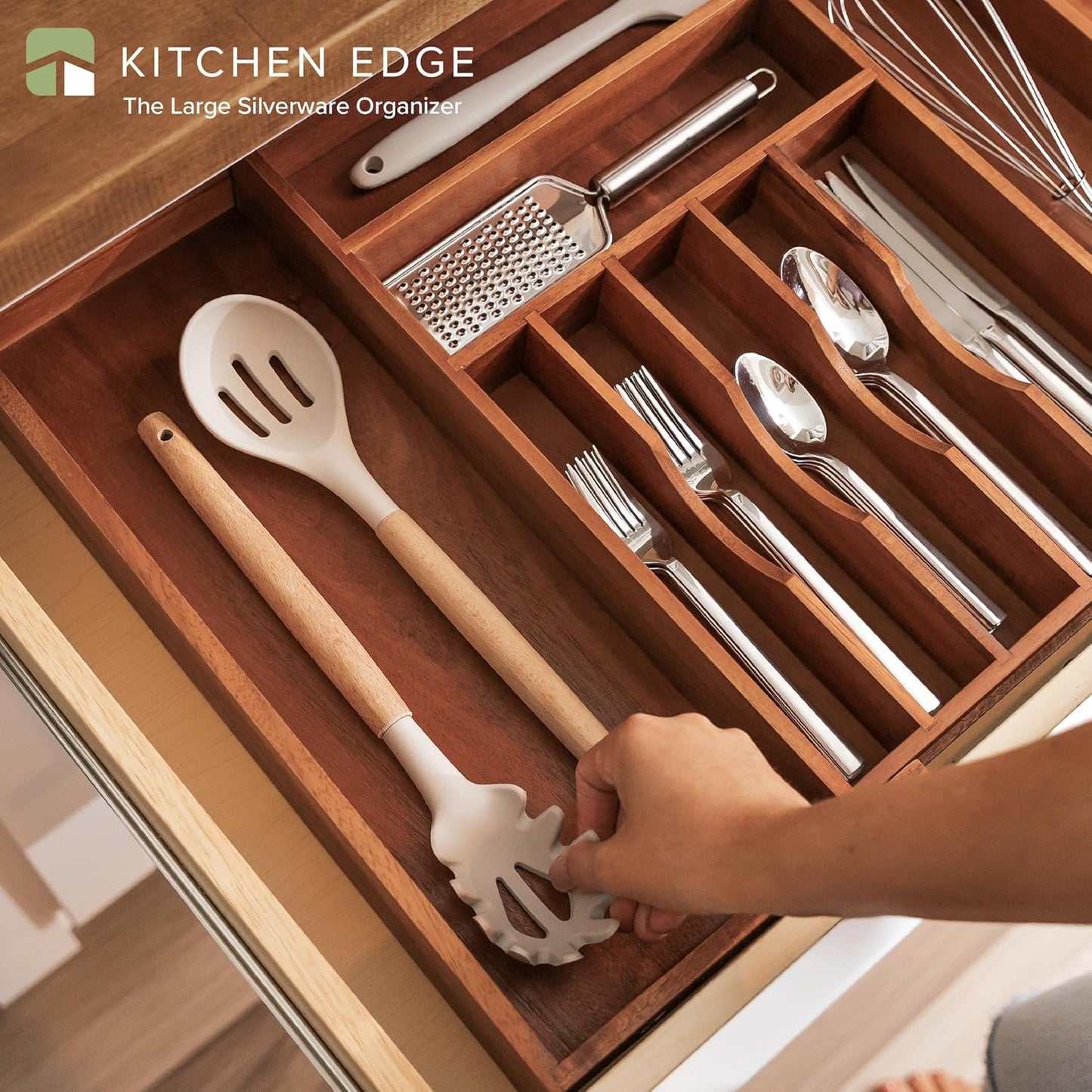 Premium Silverware, Flatware and Utensil Organizer for Kitchen Drawers, Food-Safe Contract Grade, Expandable from 16 to 28 In, Natural Acacia