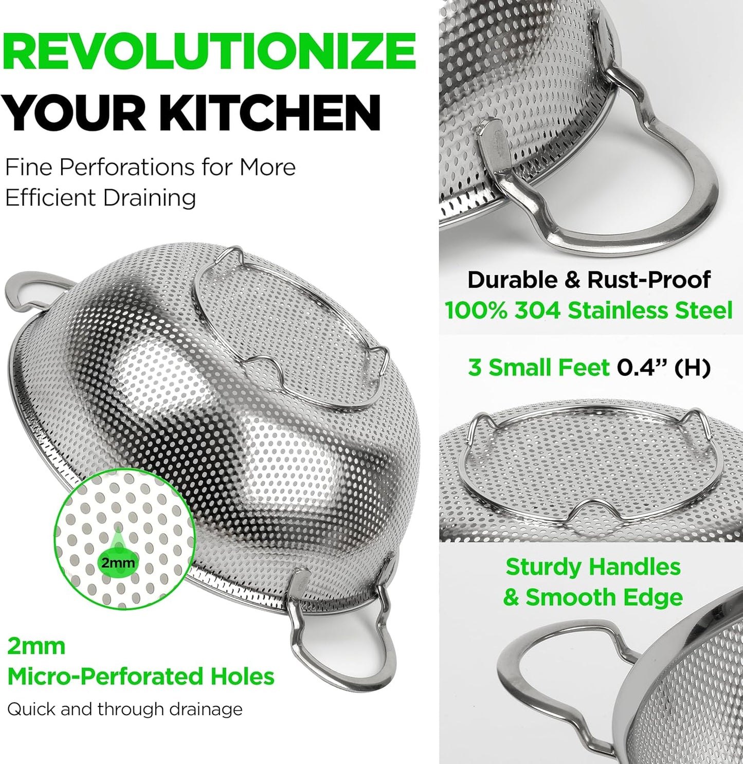 Premium 18/8 304 Stainless Steel Strainer Set of 3 with Handles, Micro-Perforated Colanders, 4-6-8 Quart Set, Self-Draining Solid Base for Pasta, Fruits, Vegetables, Made in Korea