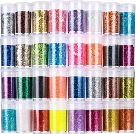 LEOBRO Glitter, 32 Colors Fine and Chunky Glitter for Crafts, Resin, Halloween Christmas Decors, Nail Body, Art Crafts