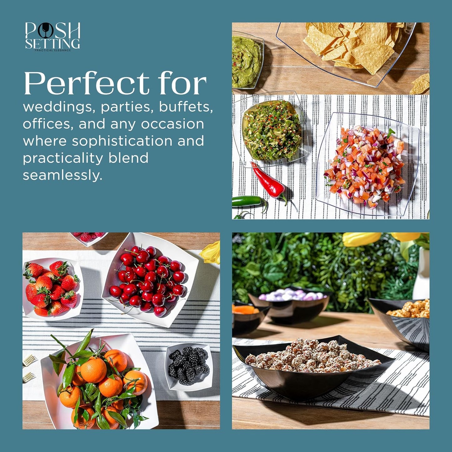 Posh Setting - Black Plastic Serving Bowls (32oz - 4 Pack) Square, Disposable, Salad & Fruit Bowls for Party Table, Candy Containers for Candy Buffet