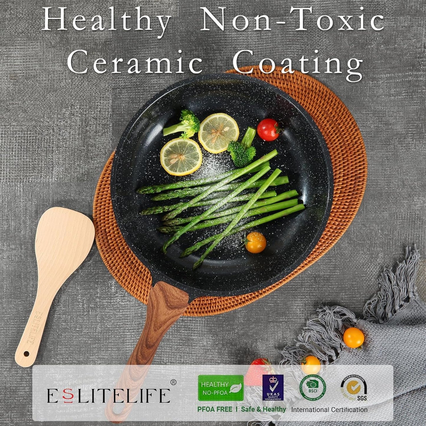ESLITE LIFE Nonstick Ceramic Frying Pan Skillet, Non-Toxic Egg Omelette Kitchen Cooking Pans Compatible with All Stovetops (Gas, Electric & Induction), PTFE & PFOA Free (Black, 9.5'')