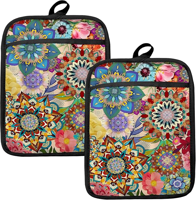 Boho Floral Oven Mitts Set, Vintage Luxury Colorful Flower Floral Heat by HUGANE