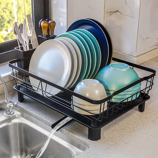 Dish Drying Rack for Kitchen Counter,Space-Saving Dish Rack with Drainboard,Rustproof Countertop Dish Drainer with Utensil Holder for Sink,Black