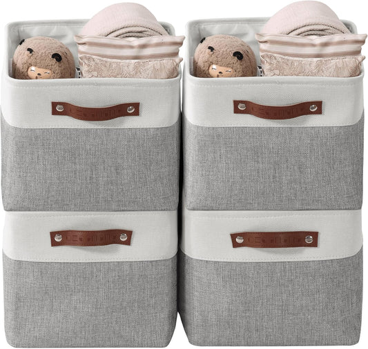 DECOMOMO Storage Baskets for Shelves - Fabric Storage Bins, Linen Closet Organizers and Storage (Grey & White, Large - 4 Pack)