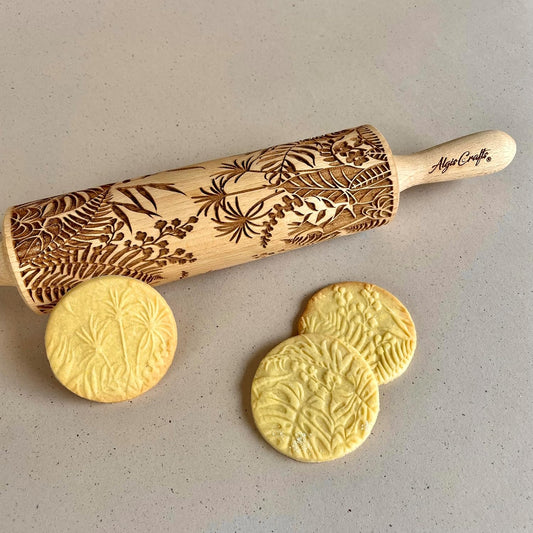 JUNGLE embossing rolling pin with Tropical Pattern. Dough roller for embossed cookies and Pottery by Algis Crafts