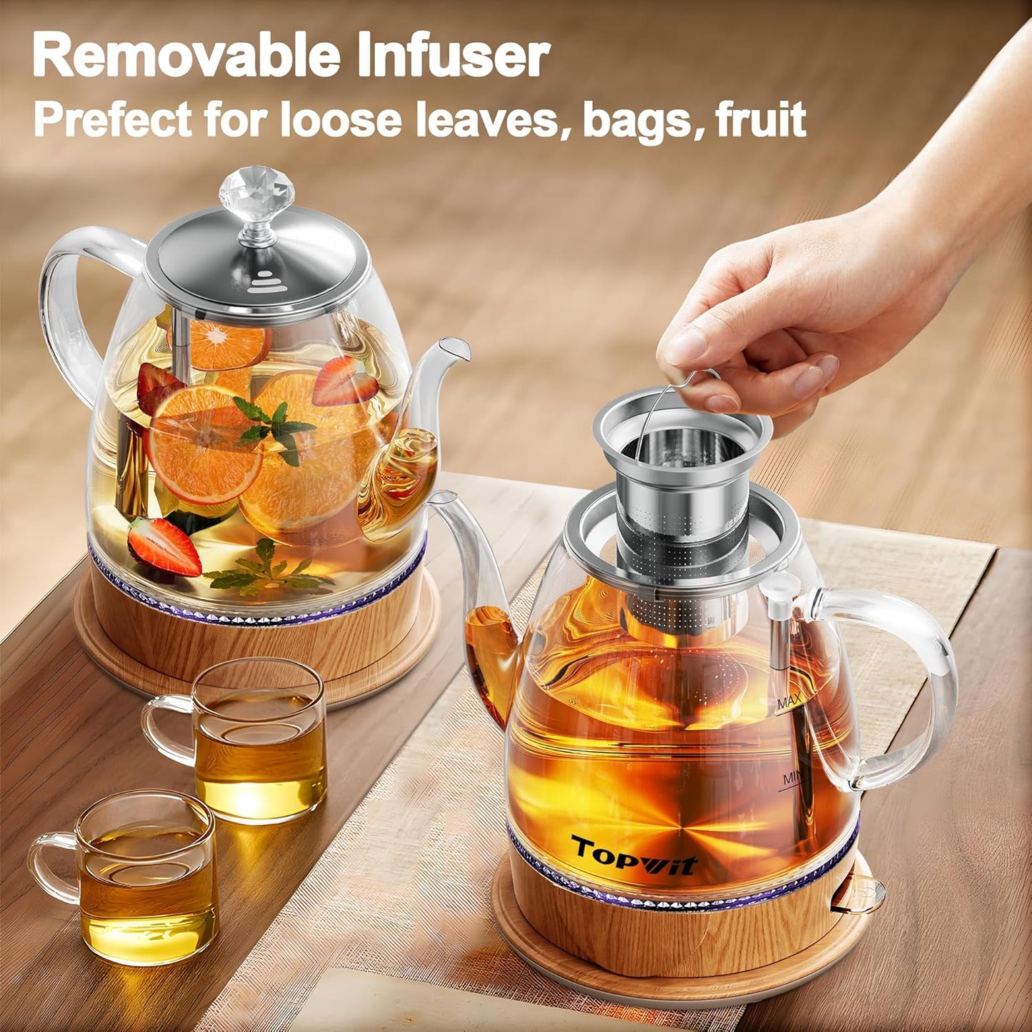 Topwit Electric Kettle Glass, For Hot Water, Tea and Coffee Dual Purpose Design, BPA-Free, 1L Pour Over Removable Stainless Steel Infuser, Auto-shut Off & Boil-dry Protect