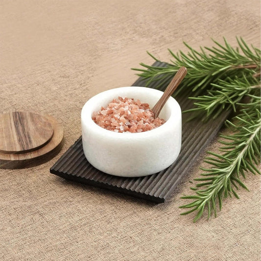 Marble Salt Cellar with Acacia Wood Lid and Spoon – 4-inch Salt Box with Spoon Slot, Kitchen Spice Container for Salt, Sugar, or Spices (White)