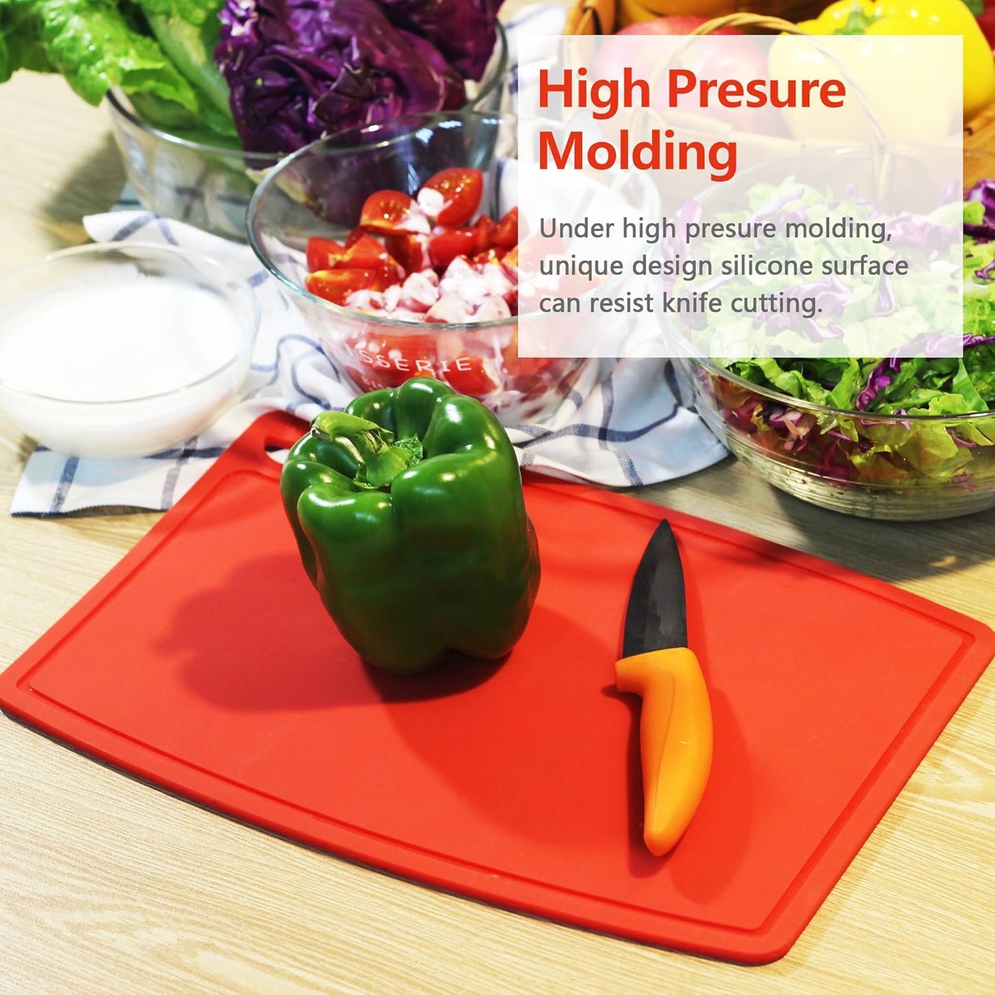 Thick Silicone Cutting Board 12.6'' x 9.1'' Juice Grooves Easy Grip Handle Dishwasher Safe-Red