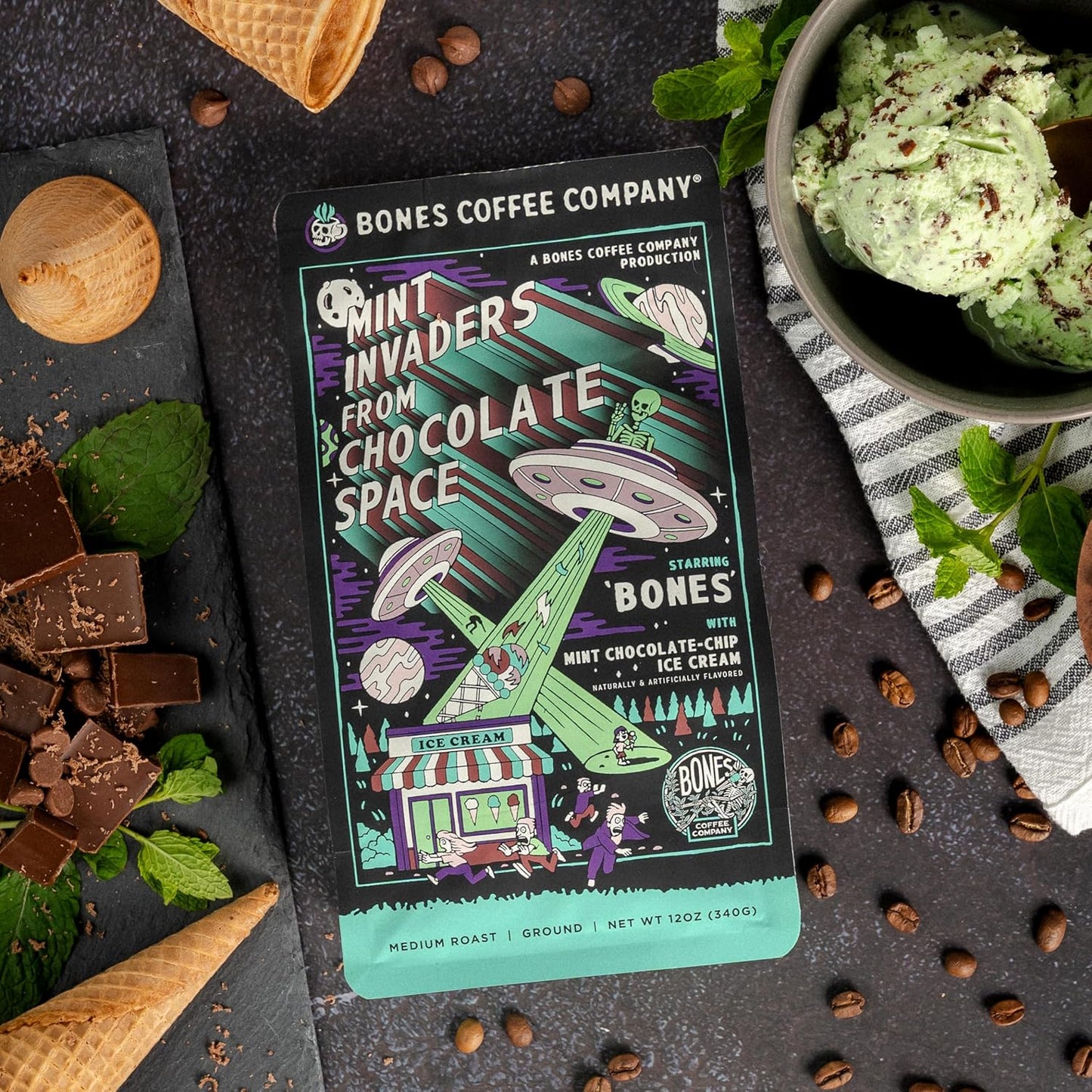 Bones Coffee Company Mint Invaders, Mint Chocolate Chip Flavored Coffee, Medium Roast Low Acid Arabica Beans Compatible with Auto drip and French Press Coffee Maker, 12 Oz Whole Bean