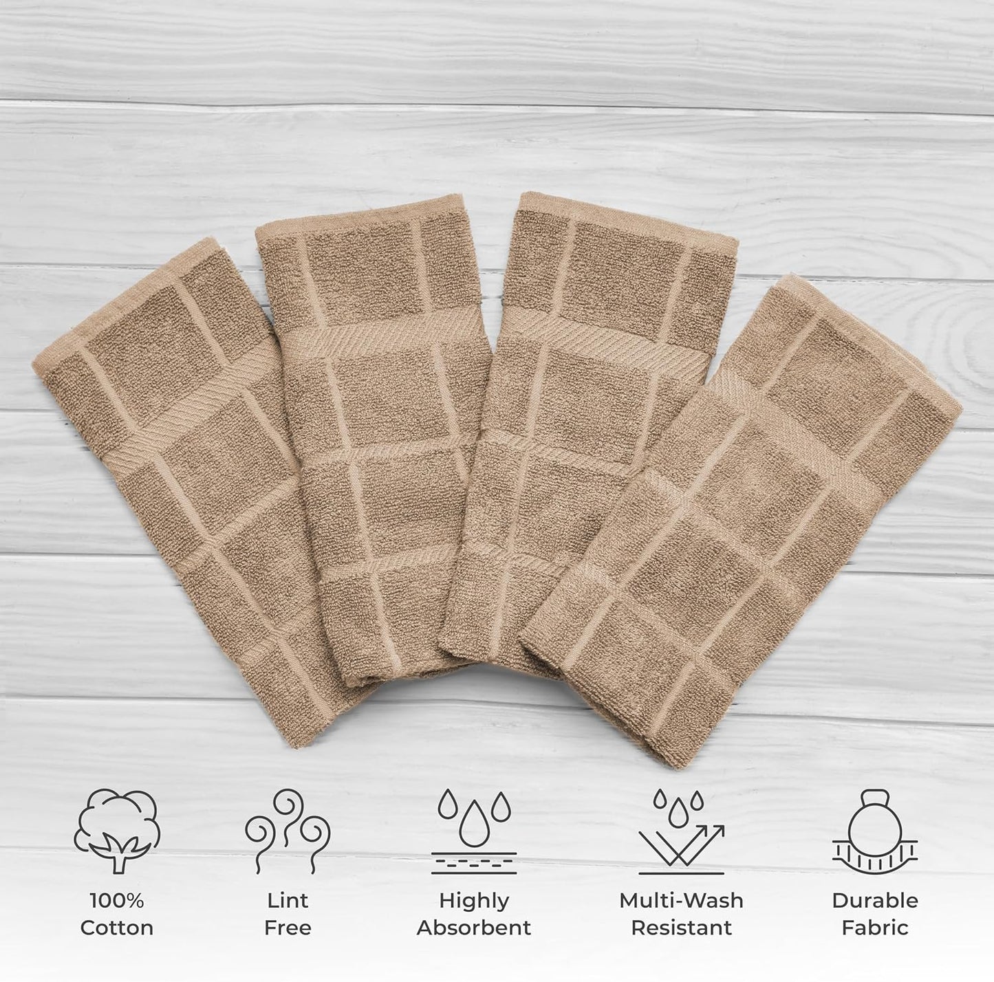 100% Cotton Terry Dish Towels, 4 Pack Plain, 16 x26 Inches, Super Soft and Absorbent Kitchen Towels, Perfect for Kitchen Cleaning and Dish Washing | Tan