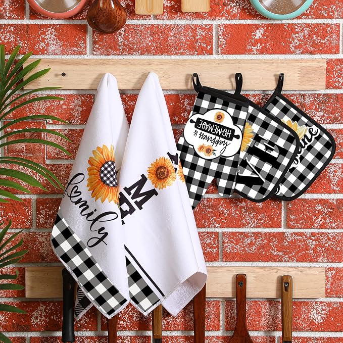 5 Pieces Buffalo Plaid Kitchen Towels Oven Mitts and Pot Holder Set Black and - Image 7