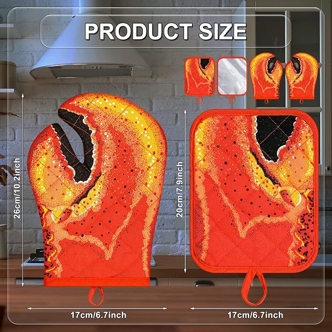 4 Pcs Lobster Claw Oven Mitts and Pot Holders Quilted Cotton Lining Design Heat - Image 2