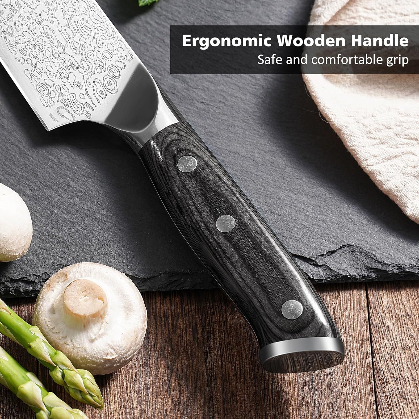 8 Inch Chef Knife, Kitchen Knife with Sharpener and Finger Guard, Professional Steel Sharp Chef's Knife Set with Ergonomic Handle, Gifts for Mom/Dad, Black