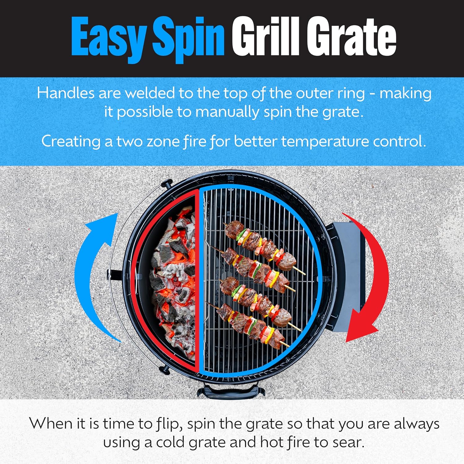 SnS Grills EasySpin Charcoal Grill Cooking Grate, 304 Stainless Steel, Large Hinged Opening, Perfect for 2-Zone Cooking, Replacement Grate Compatible with Weber & Other Grills - 18” Inches