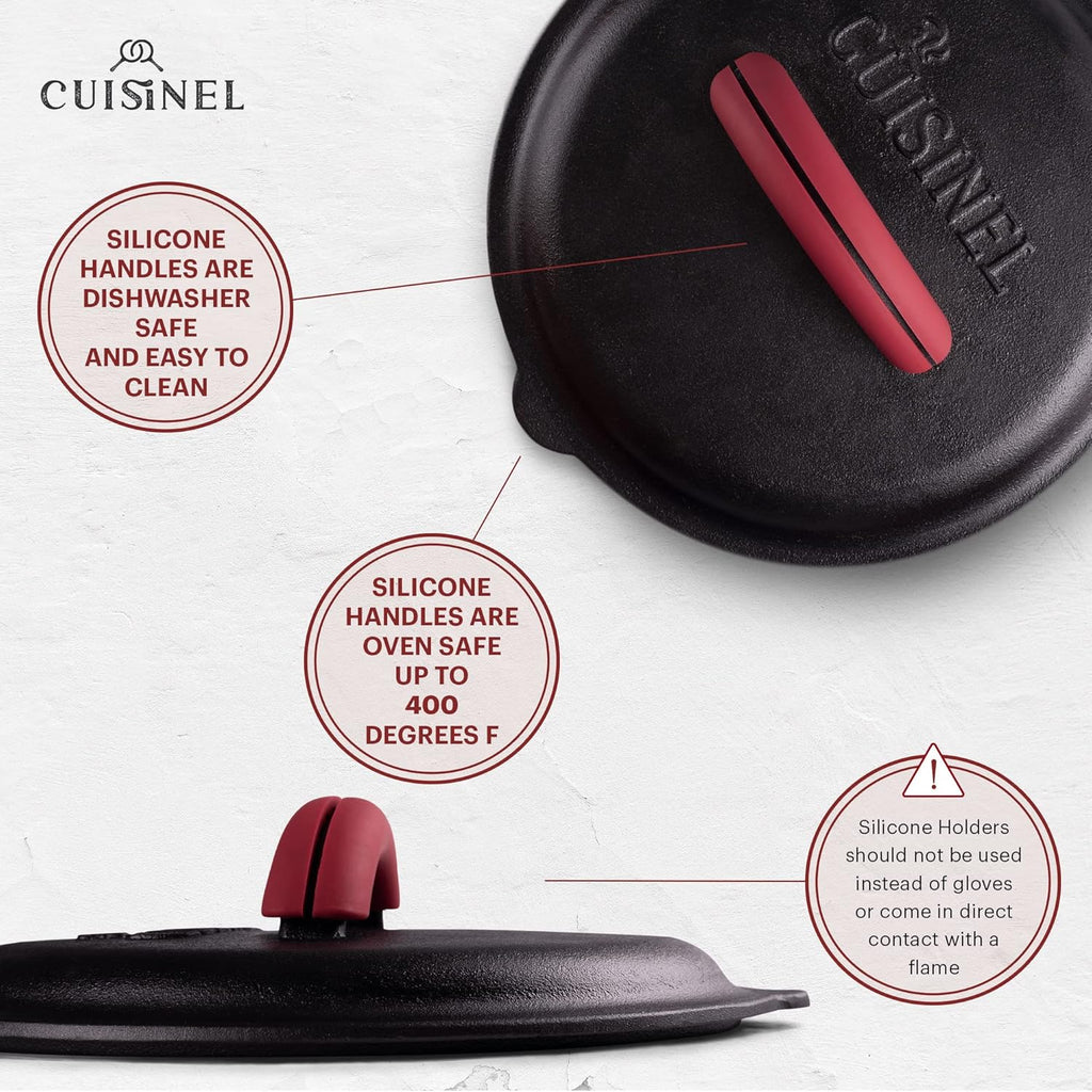 Cuisinel Cast Iron Lid - Fits 8"-Inch / 20.32cm Lodge Skillet, Frying Pans or Braiser + Silicone Handle Holder + Care Guide - Pre-Seasoned Replacement Cover - Indoor/Outdoor, Oven, Open Fire, BBQ Safe