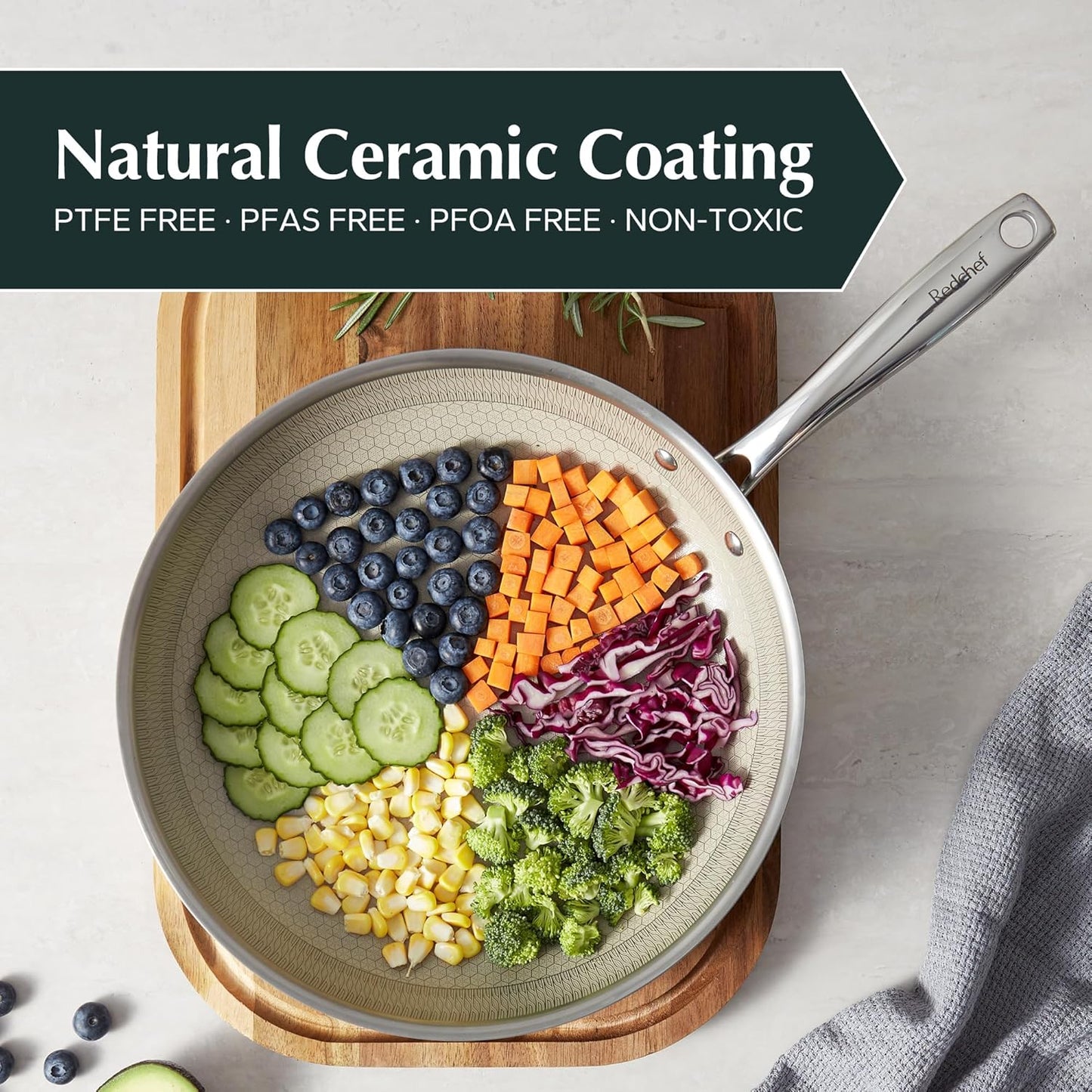 Redchef Ceramic Nonstick Frying Pan 9.5-Inch with Honeycomb Coating, Stay-Cool Handle, Dishwasher & Oven Safe, Induction Ready, PTFE PFAS-Free, All Cooktops