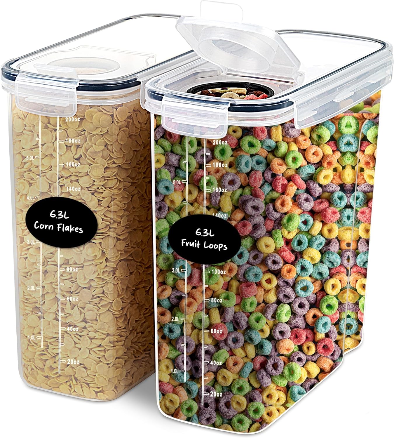 DWËLLZA KITCHEN Extra Large Cereal Containers Storage 6.3L - 213 fl. oz - 2 Pc Family Size Cereal Dispenser Countertop, Bulk Airtight Food Storage Containers for Pantry Organization Labels and Marker