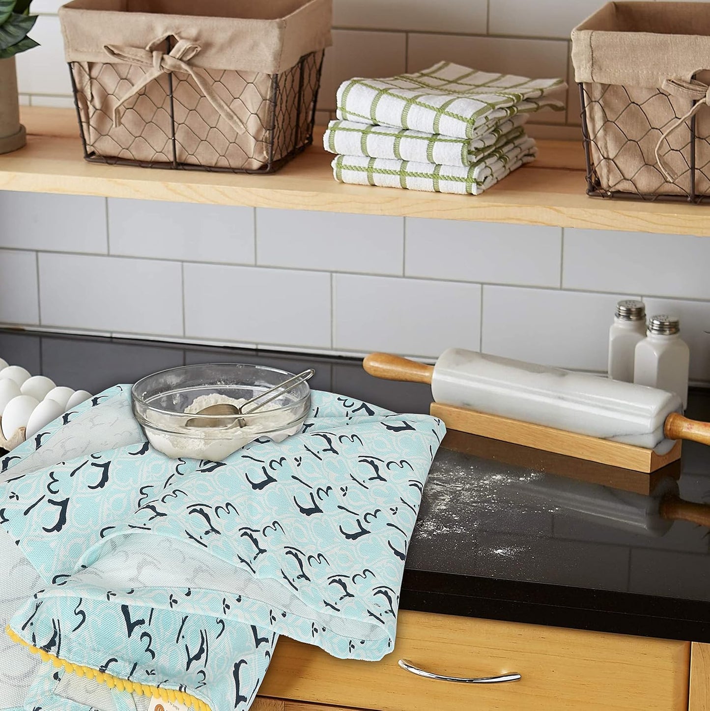 Printed Kitchen Dish Bar Tea Towels Cotton with Trims Hand Towel Gift for Mothers Day Cotton Dish Towel Sets Gift for Mom - White & Blue, Set of 4-18x28 inches