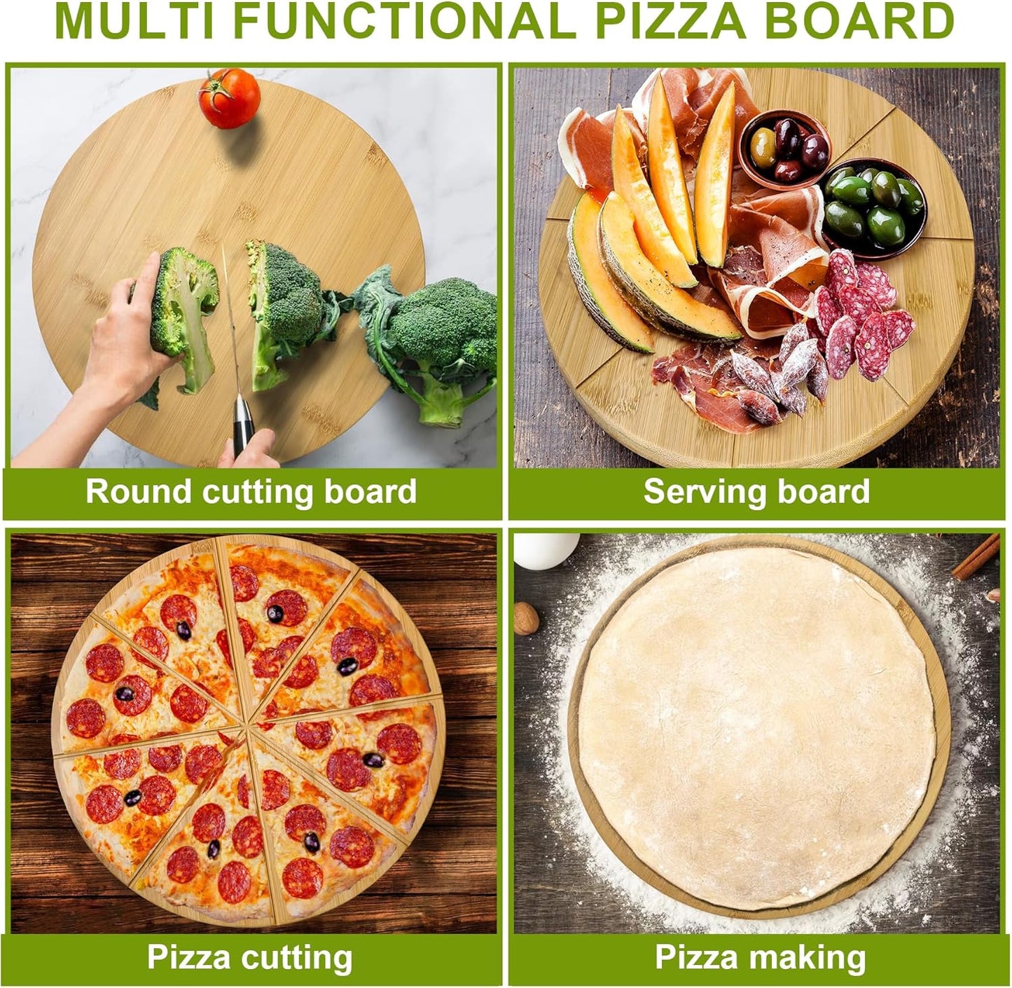 12" Round Cutting Board Pizza Cutting Board with Cutting Grooves Double Sided 12inch Bamboo Wooden Pizza Tray Serving Platter Pizza Oven Accessories Pizza Prep Board Paddle Circular Circle