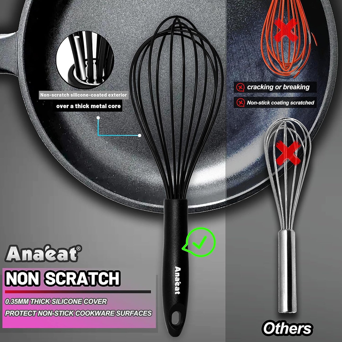 Anaeat Silicone Balloon Whisk, Perfect for Non-Stick Cookware, Milk and Egg Beater Blender, Heat Resistant Kitchen Whisks for Whisking, Cooking, Baking, Beating, Frothing & Stirring (Black)