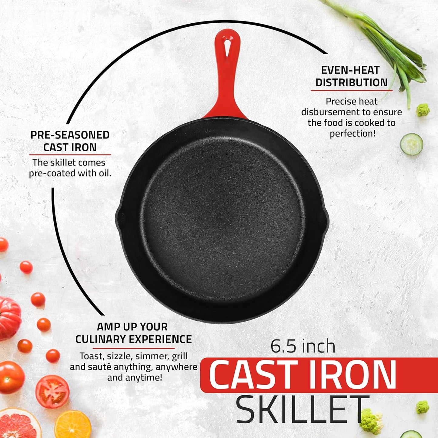 Utopia Kitchen Saute Frying Pan 6.5 Inch, Cast Iron Chefs Pan, Pre Seasoned Cast iron Skillet, Safe Grill Cookware for Indoor & Outdoor Use, Red