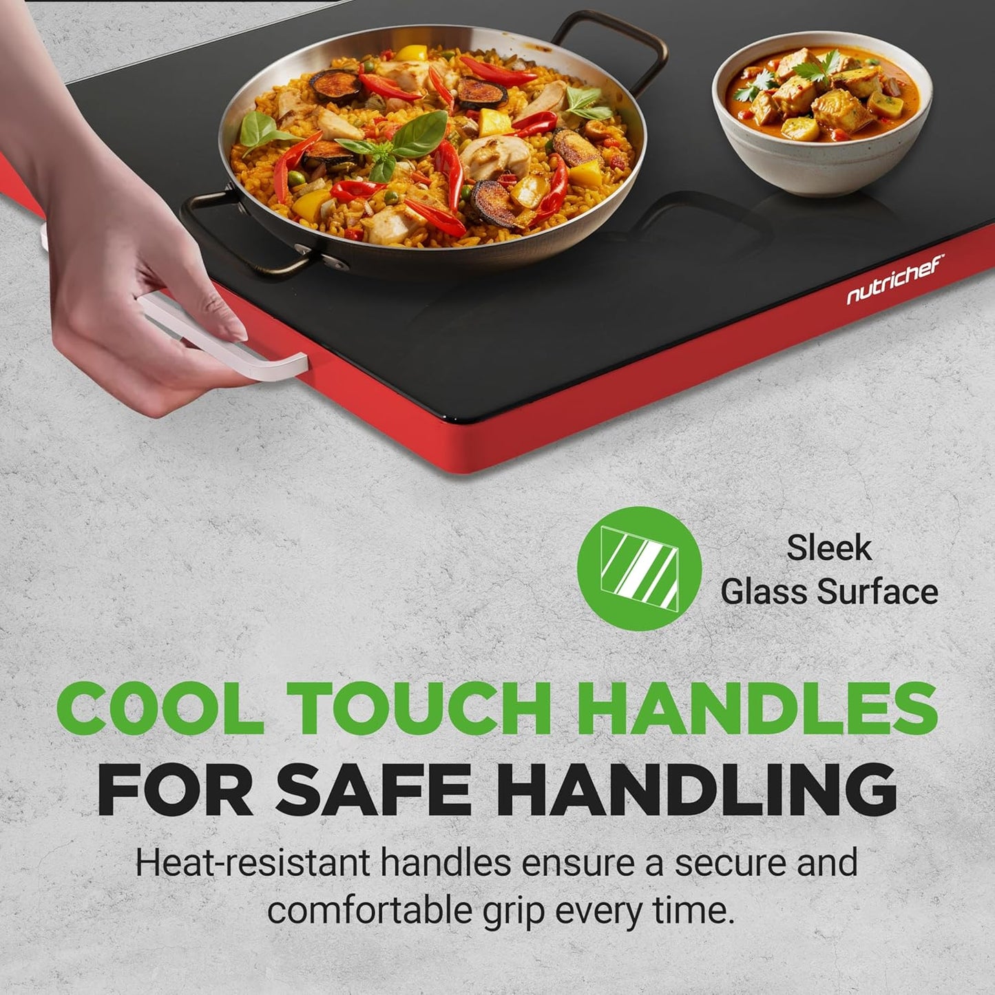 NutriChef Electric Warming Tray | Glass Surface Hot Serving Tray | Adjustable Temperature 140°F to 230°F | Energy Efficient & Space Saving | Perfect for Buffets,Parties & More | 21.2 x 16.5 IN | Red