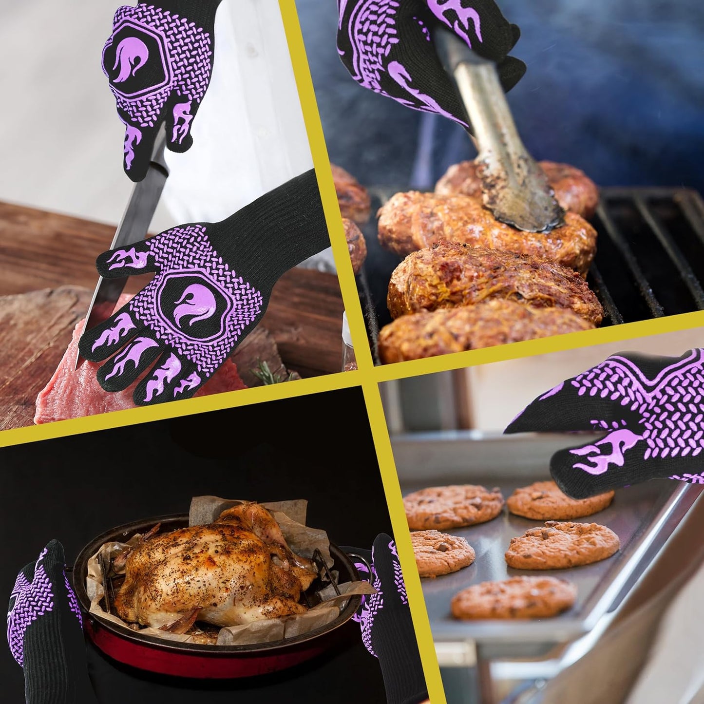BBQ Fireproof Gloves, Grill Cut-Resistant Gloves 1472°F Heat Resistant Gloves, Non-Slip Silicone Oven Gloves, Kitchen Safe Cooking Gloves for Oven Mitts,Barbecue,Cooking, Frying,13.5 Inch-Purple