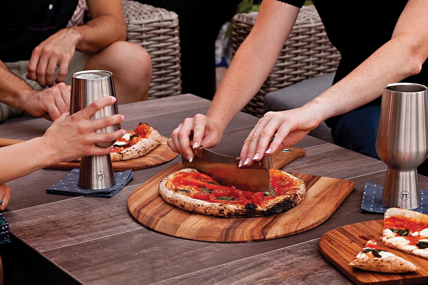 Outset Acacia Wood Handled Extra-Large Pizza Rocker with Protective Case, 13-Inch Blade, Stainless Steel