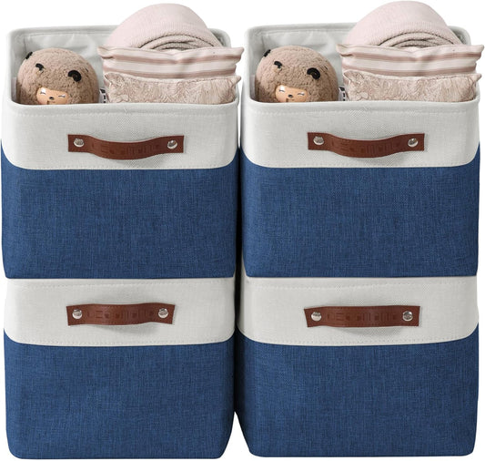DECOMOMO Storage Baskets for Shelves - Fabric Storage Bins, Linen Closet Organizers and Storage (Navy Blue & White, Large - 4 Pack)