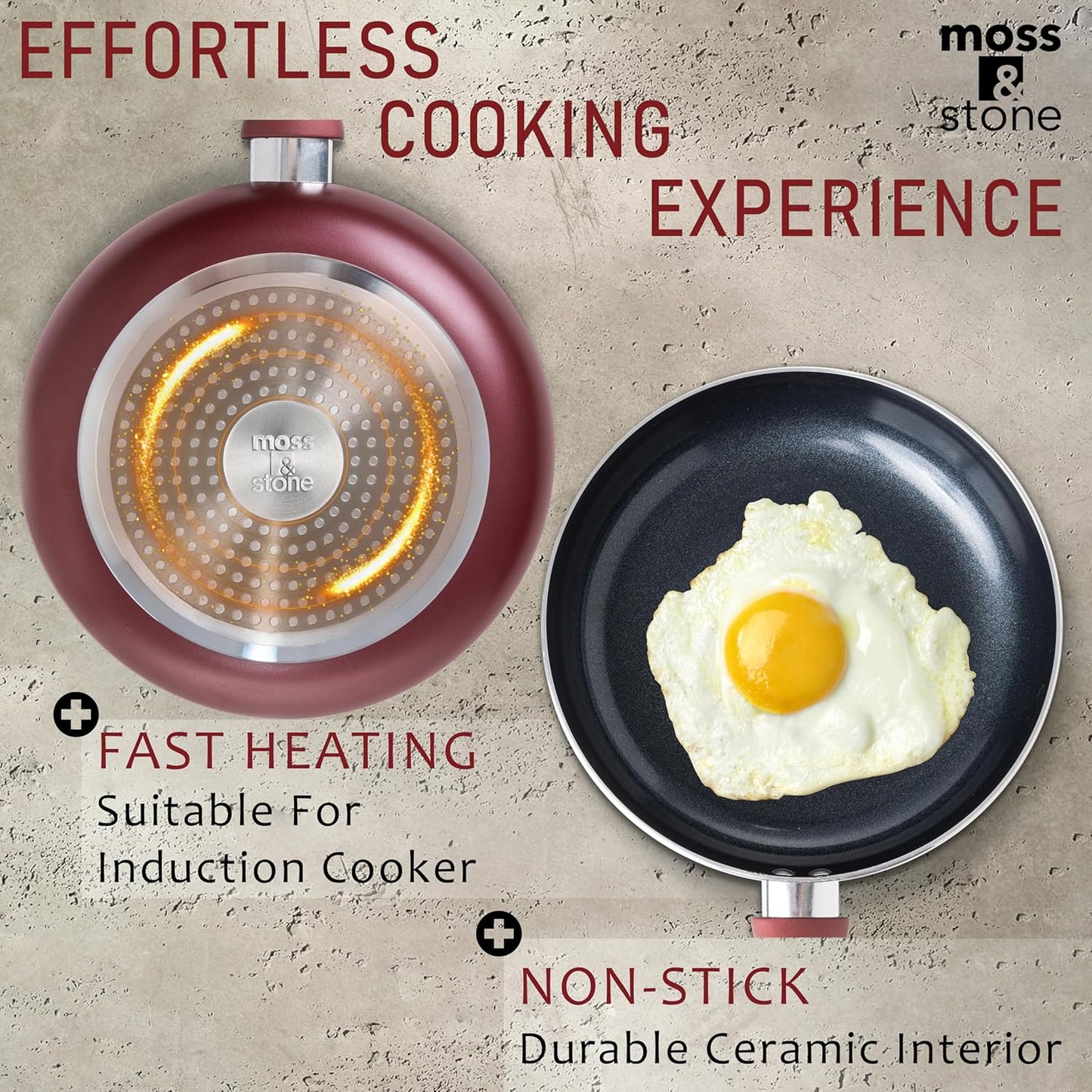 Moss & Stone 6 Pcs Nonstick Cookware Set, Pots And Pans Set Non stick With Glass Lid, Induction Cookware, Stay-Cool Handle PTFE/PFOA Kitchen Pots 6-Piece with Frying Pans & Saucepan, Burgundy