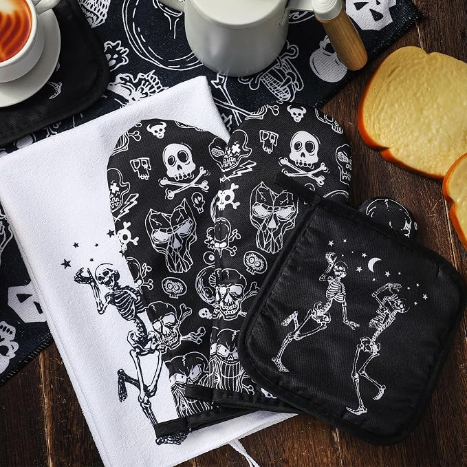 Leinuosen 6 Pcs Skull Kitchen Decor Set Kitchen Towels Gothic Oven Mitts and - Image 7