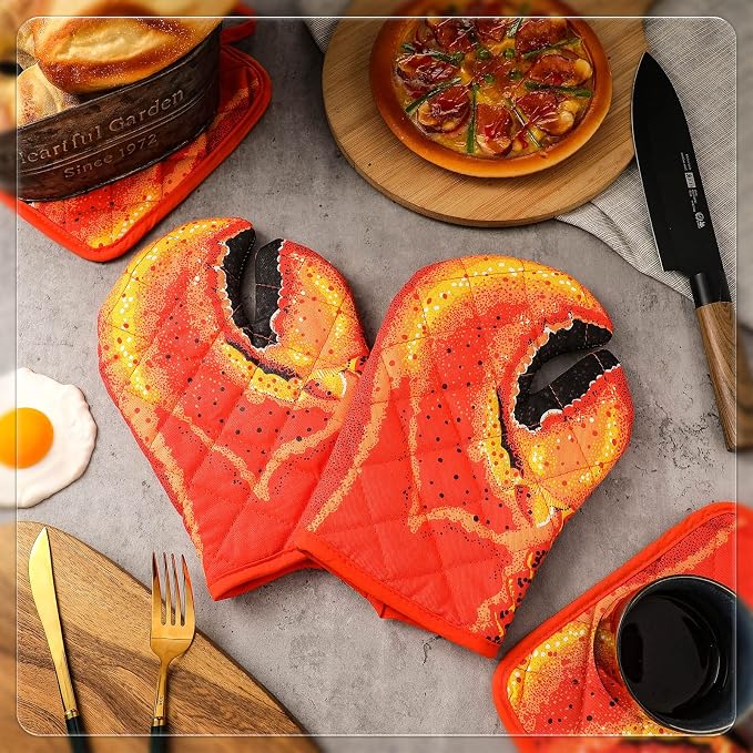 4 Pcs Lobster Claw Oven Mitts and Pot Holders Quilted Cotton Lining Design Heat - Image 7