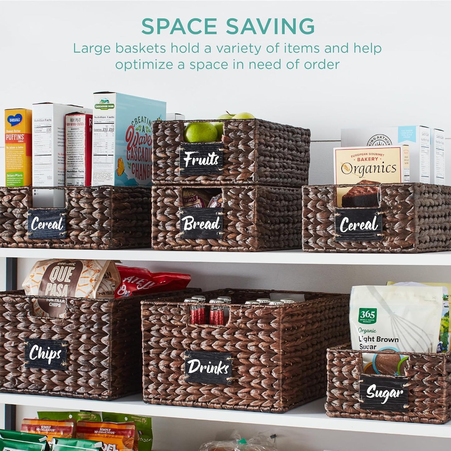 Best Choice Products Set of 4 13x12in Water Hyacinth Pantry Baskets, Woven Organizers w/Chalkboard Label, Chalk Marker - Brown