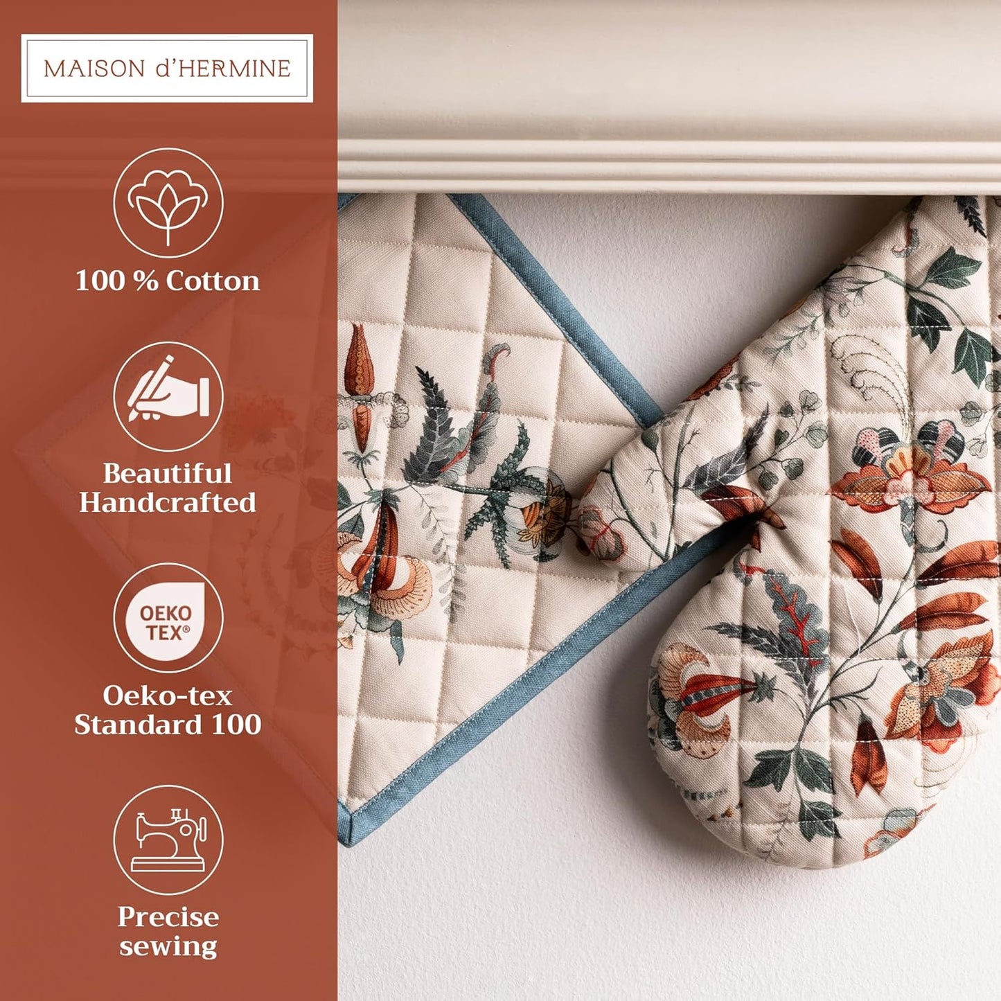 Maison d' Hermine 100% Cotton Oven Mitt & Pot Holder Set (7.5"x13" & 8"x8") Heat Resistant BBQ Cooking Gloves with Loop, Baking, Grilling, Kitchen, Handling Hot Pans (Dalida)