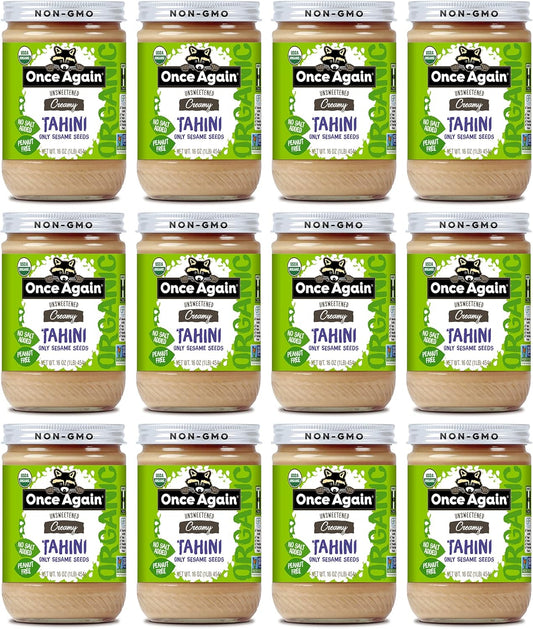 Once Again Organic Sesame Tahini, 16oz - Salt Free, Unsweetened - USDA Organic, Gluten Free, Vegan, Kosher, Peanut Free - Glass Jar - Case of 12