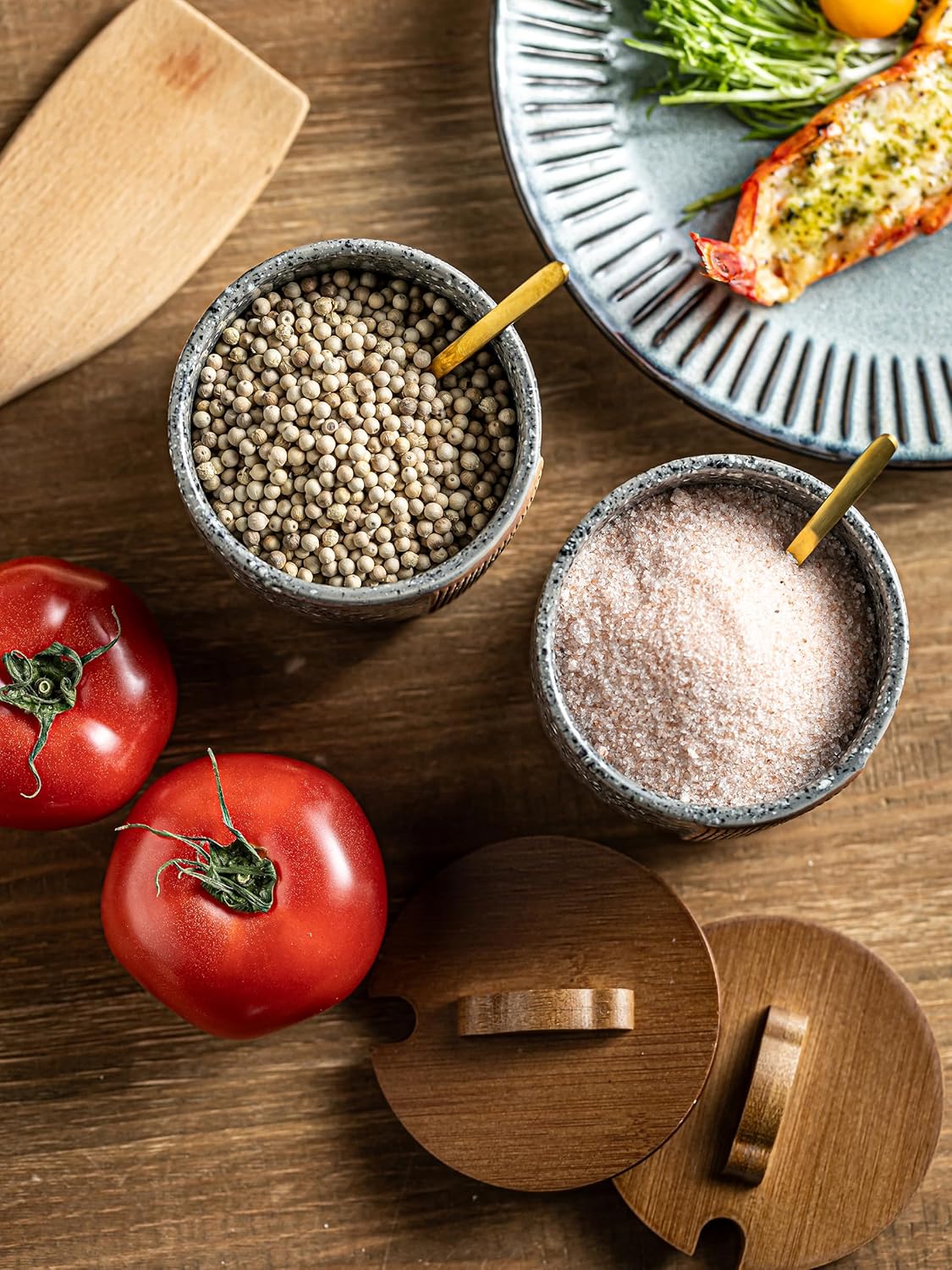 Salt and Pepper Bowl Ceramic, 10 Oz Salt Containers for Countertop Salt Cellar with Wooden Lid and Spoons, Salt and Pepper Set Marble Design, Gray