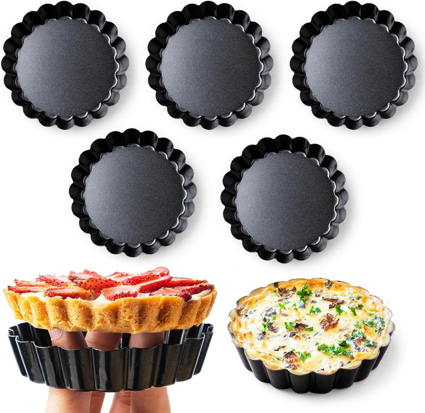 8 Pack Mini Tart Pans 4 Inch with Removable Bottom Round Nonstick Deep Quiche Pan, Heavy Duty Perfect for Baking Fruit Tarts, Quiches & Dessert