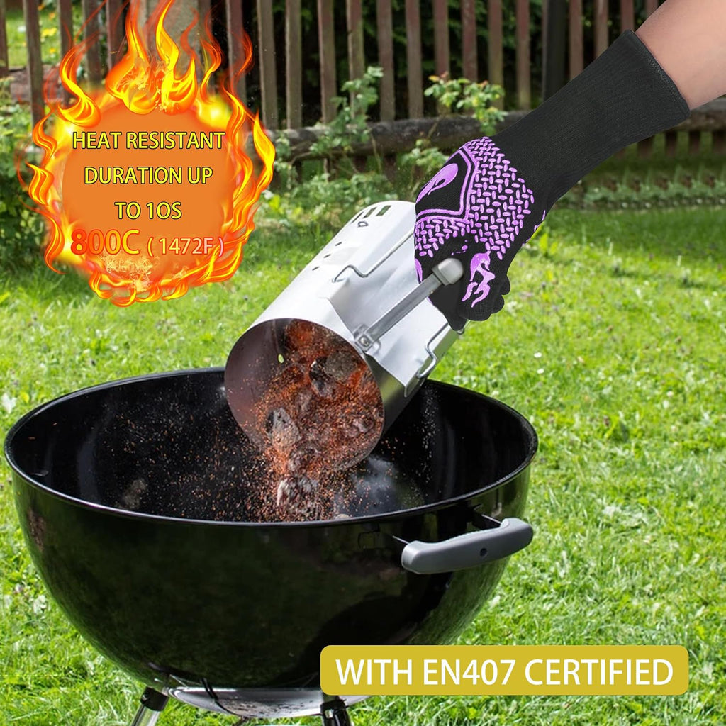 BBQ Fireproof Gloves, Grill Cut-Resistant Gloves 1472°F Heat Resistant Gloves, Non-Slip Silicone Oven Gloves, Kitchen Safe Cooking Gloves for Oven Mitts,Barbecue,Cooking, Frying,13.5 Inch-Purple