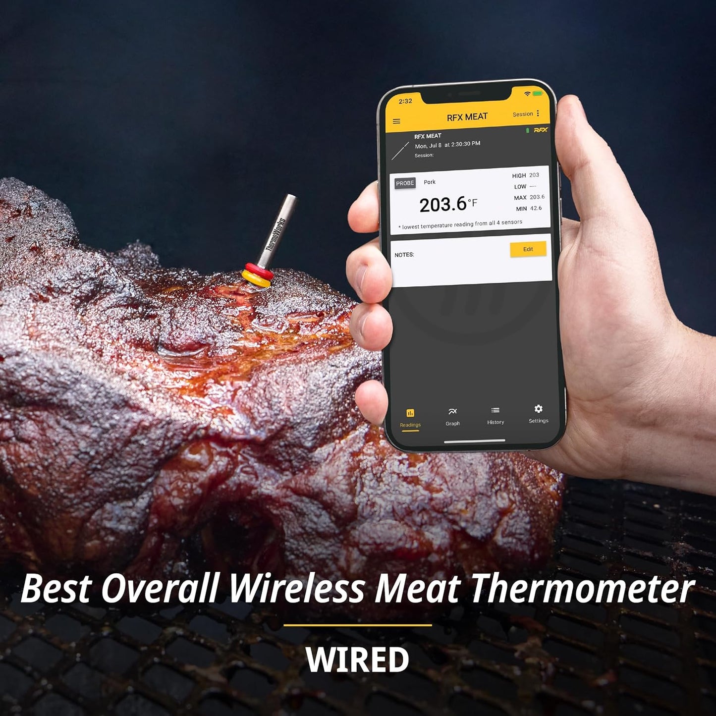 RFX | Smart Wireless Meat Thermometer | Wi-Fi & Radio Frequency | Stronger Signal Than Bluetooth | Meat Probe for Use in Smoker, Grill, BBQ, Oven - 6-Probe Kit