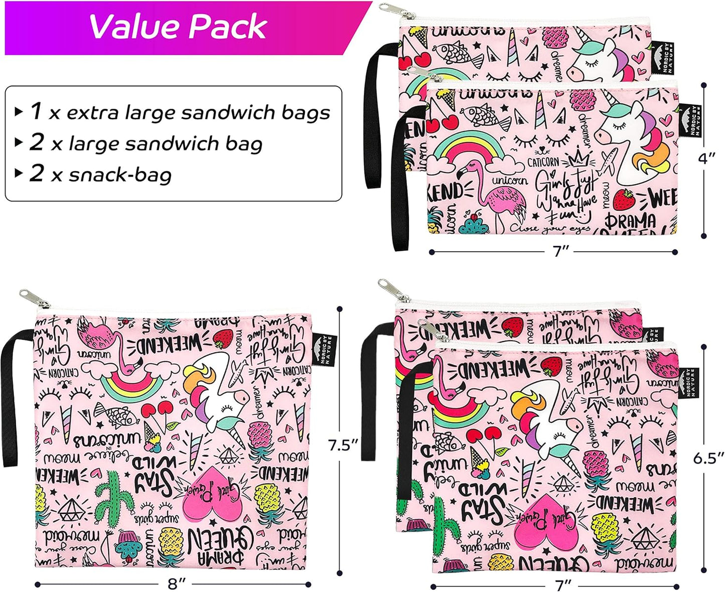 Nordic By Nature-Dual Layer Reusable Sandwich & Snack Bags – BPA-Free, Easy Clean, School Lunch Bags for Kids & Adults (Unicorns & Rainbows)