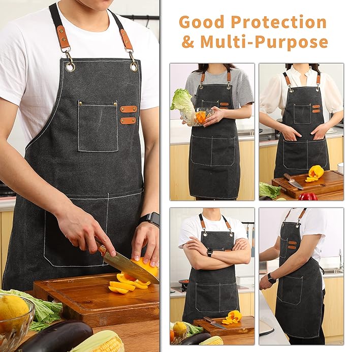 Tosewever Canvas Cross Back Chef Cotton Aprons - Image 6