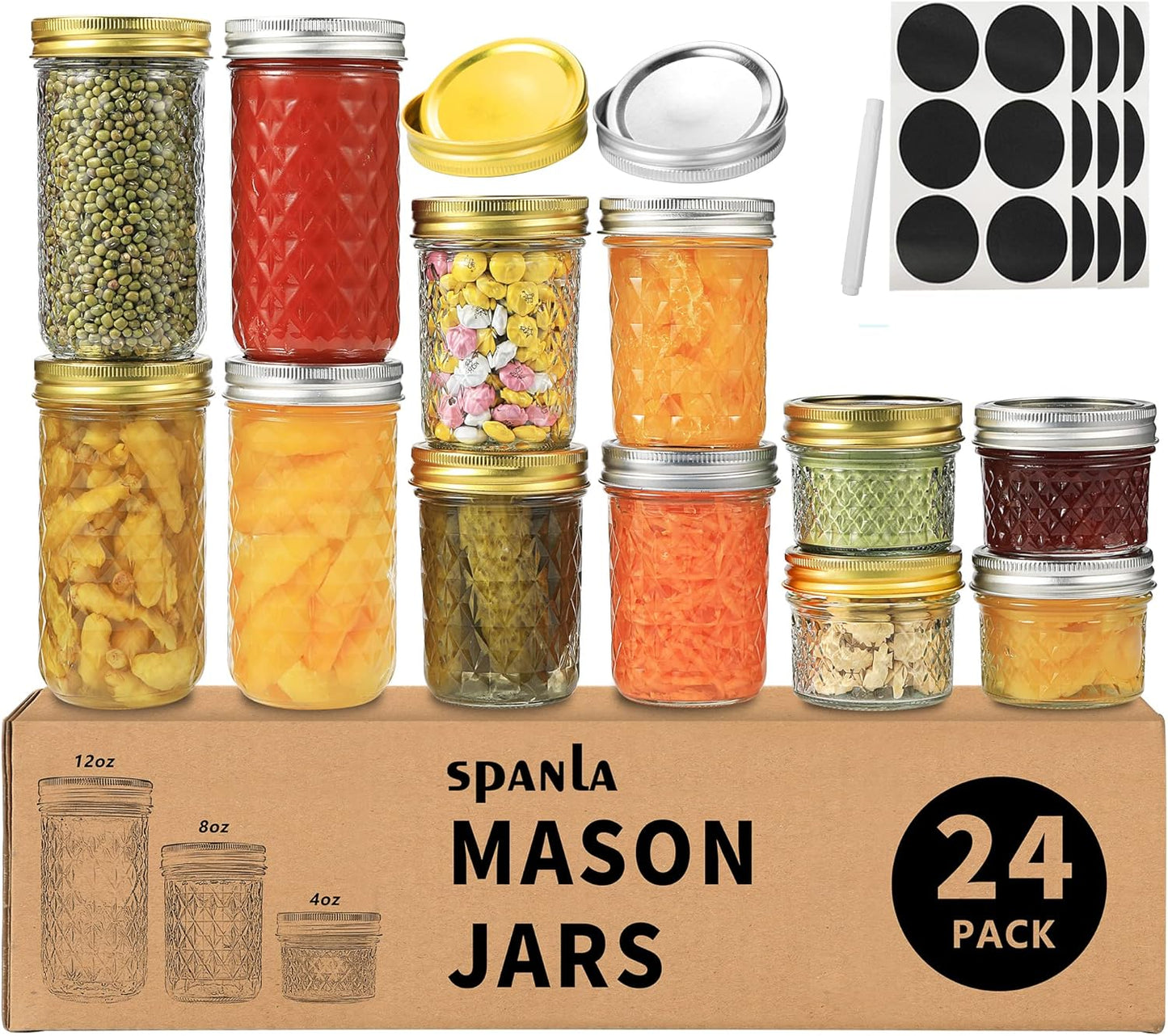 Mason Jars Canning Jars, 24 Pack Jelly Jars With Regular Lids, Ideal for Jam, Honey, Wedding / Shower Favors, DIY Magnetic Spice Jars - 4 OZ x 8, 8 OZ x 8, 12 OZ x 8 (4oz -8oz-12oz)
