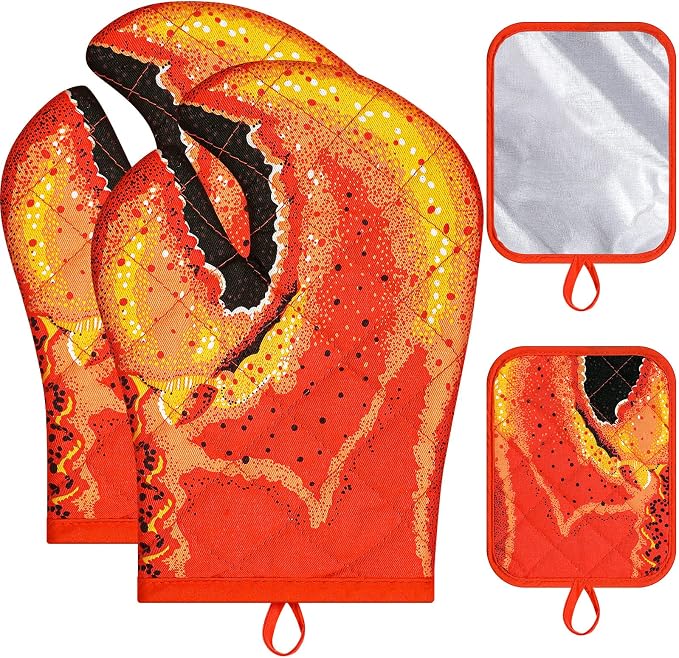 4 Pcs Lobster Claw Oven Mitts and Pot Holders Quilted Cotton Lining Design Heat by Nuenen