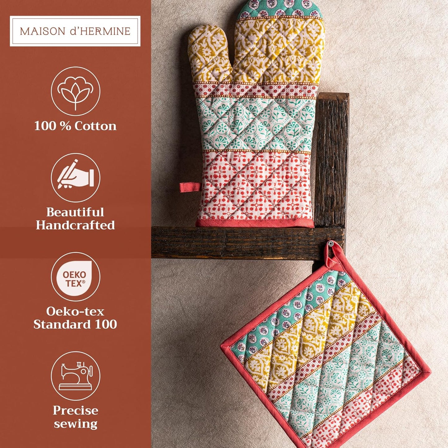 Maison d' Hermine 100% Cotton Oven Mitt & Pot Holder Set (7.5"x13" & 8"x8") Heat Resistant BBQ Cooking Gloves with Loop, Baking, Grilling, Kitchen, Handling Hot Pans Spring/Summer (Provence)