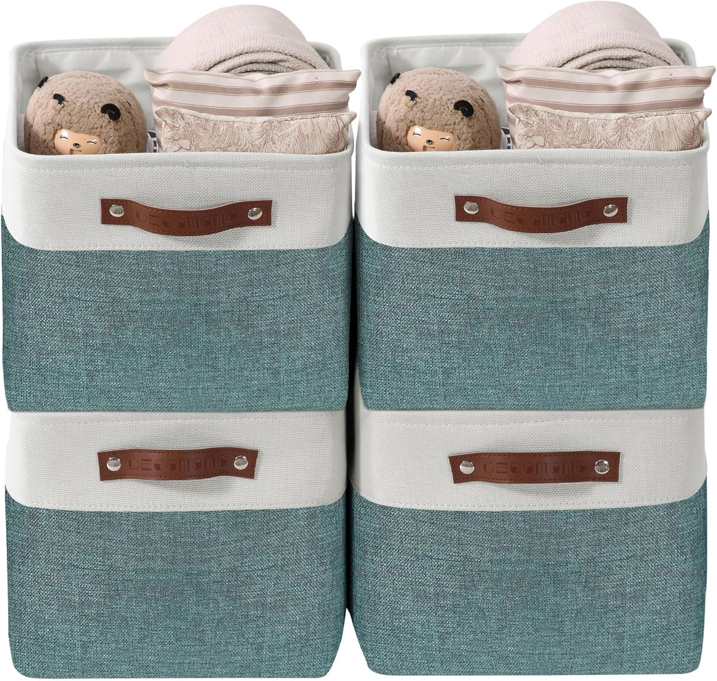 DECOMOMO Storage Baskets for Shelves - Fabric Storage Bins, Linen Closet Organizers and Storage (Green & White, Large - 4 Pack)