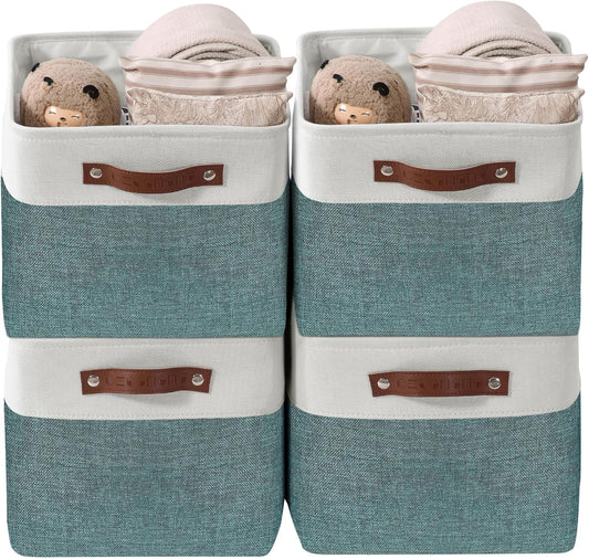 DECOMOMO Storage Baskets for Shelves - Fabric Storage Bins, Linen Closet Organizers and Storage (Green & White, Large - 4 Pack)