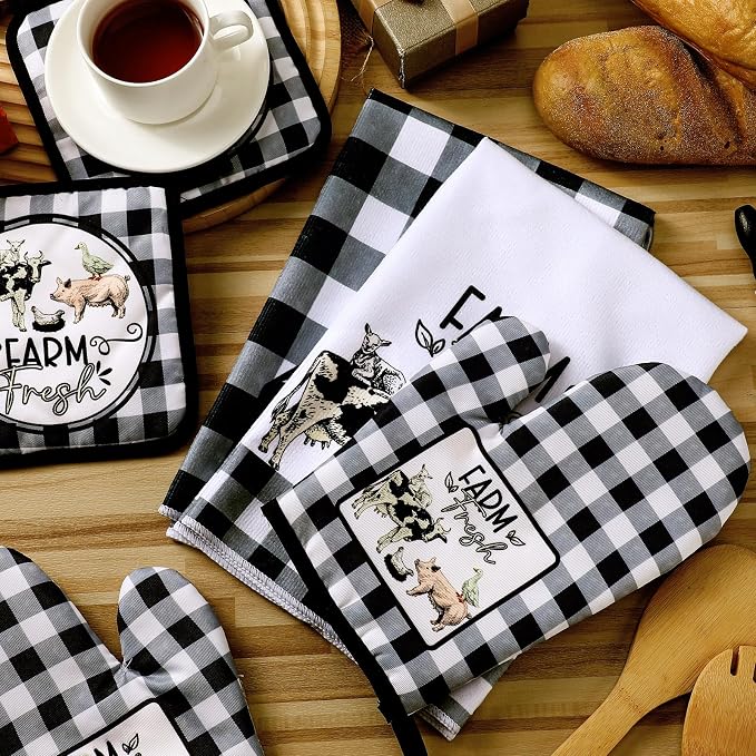 Bencailor 6 Pcs Farm Kitchen Towels Oven Mitts and Pot Holders Decorative Dish - Image 6